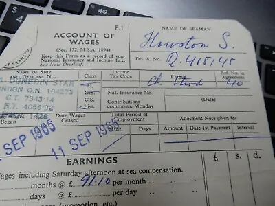 Ss Dunedin Star Houston  Wage Slip Chief Steward 1965     Folded  12/33 Cm  • £24.99