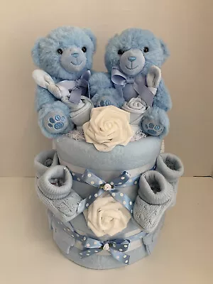 Twin Boys Blue 2 Tier Nappy Cake Baby Gift Hamper • £54.99