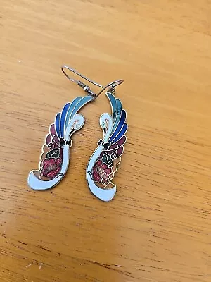VTG Cloisonne Pierced Earrings Openwork Heart Floral Swan Chinese J7 • $9.99