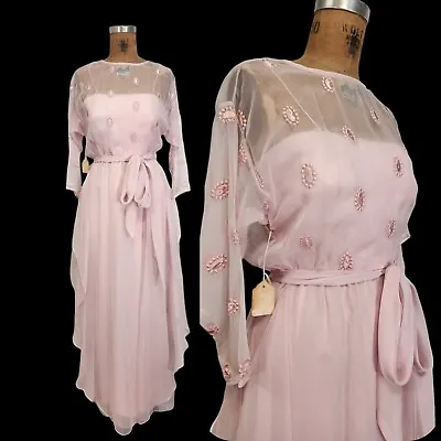 Vtg 70s 1900s Edwardian Prom Chiffon Dress Embroidery Pink Sheer Floaty Gown XS • $89.99