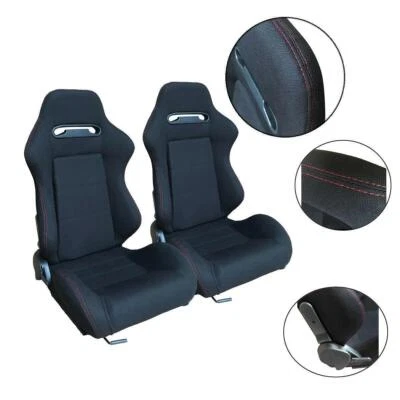 $275.81 • Buy 2 X BLACK/RED NYLON STITCH LEFT/RIGHT RACING BUCKET SEATS + SLIDER