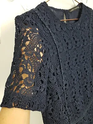 Zara Woman Lace Short Dress Short Sleeves Navy Blue Size S • $15.97