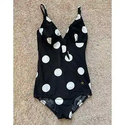 Vintage Oleg Cassini Swimsuit Womens 10 Polka Dot One Piece Tie Rockabilly Black • $26.99