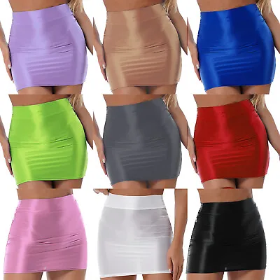 Women's Oil Shiny Elastic Bodycon Skirt High Waist Pencil Mini Skirts Clubwear • $10.99