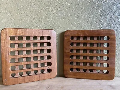 Vintage Pair Mid-century Teak Wood Trivet Lattice Waffle Square India Thailand • $24.99