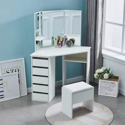 £149.99 • Buy White Corner Dressing Table Stools Set Makeup Desk Vanity 3 Mirrors 5 Drawers