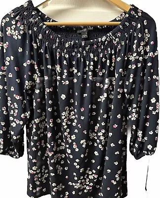 J. Jill Wearever Collection Blouse M Navy Casual Floral 3/4 Sleeve Tunic Top • $16