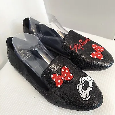 Disney Minnie Mouse Glitter Flats Sz 10W Embroidered Shoes Bows Heart Hands • $29.99