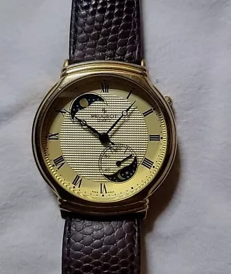 RARE Vintage Peugeot Double Moon Phase Watch Gold Dial & Case Brown Leather Band • $29.95