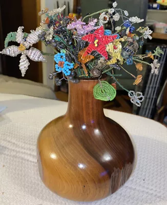 Hawaiian Milo Wood Vase With A Lot Of Beaded Flowers Hawaii • $72