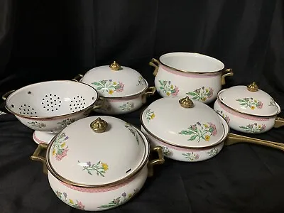 Vintage 6 Piece Floral Enamel Brass Handle Rim Cookware Pot Pan Colander Set • $134