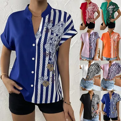 £11.99 • Buy Womens Button Up T Shirts Short Sleeve Floral Tops Ladies Summer Striped Blouse