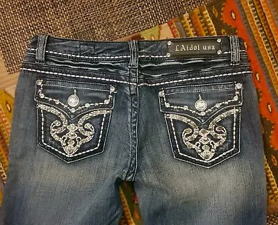 LA IDOL Premium WESTERN Jeans Distressed Bling Embellishments Sz 11 32 X 32.5 • $44.88