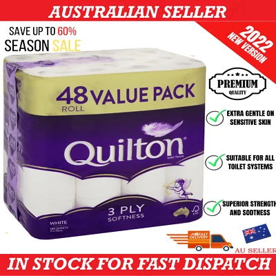 $53.99 • Buy 48x Quilton Toilet Paper Tissue Rolls 3 Ply 180 Sheets And 45x Roll Free Postage