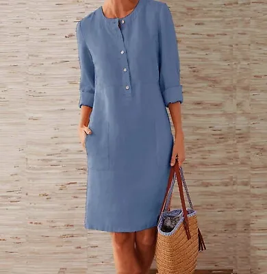 UK Women Long Sleeve Dress Cotton Linen Baggy Shirt Dress Midi Dress Plus Size • £14.98