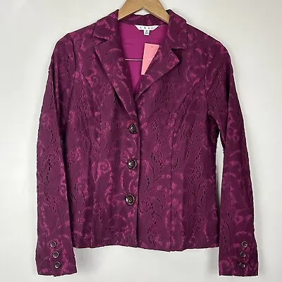CAbi Womens Frolic Plumberry 3 Button Blazer Jacket  Lace Overlay Size 2 • £16.62