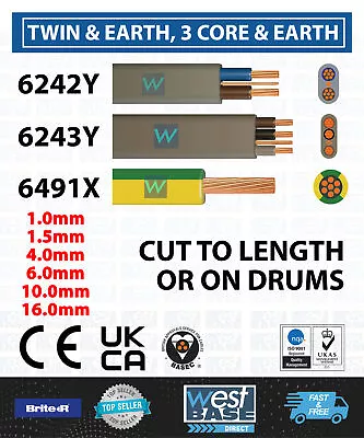 Twin & Earth Cable 1mm 1.5mm 2.5mm 4mm 6mm 10mm 16mm 1m-100m CUT Length & Drums • £29.99