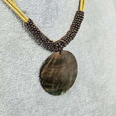 Cookie Lee Necklace Brown Abalone Pendant Gold Tone Cord Chain 18  Beach Jewelry • $9.95
