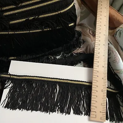 1m Vintage 6.5cm BLACK Silky Lampshade Fringe With Gold Braid Trim F018 • £2.50