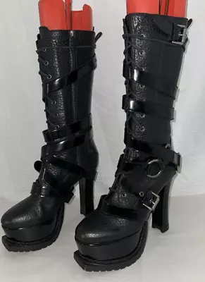 40/10❤️MOSCHINO Leather Knee High Heel Lace Up Platform Biker Combat BOOTS ITALY • $895