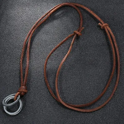 Retro Metal Rings Pendant Genuine Leather Surfer Choker Long Necklace Brown Mens • $10.95