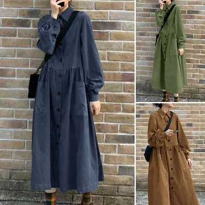 8-24 Womens Long Sleeve Buttons Pleated Casual Loose Corduroy Midi Shirt Dress • $31.99