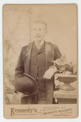 Antique C1880s Cabinet Card Dapper Man Mustache Derby Hat Plant Amsterdam NY • $14.99