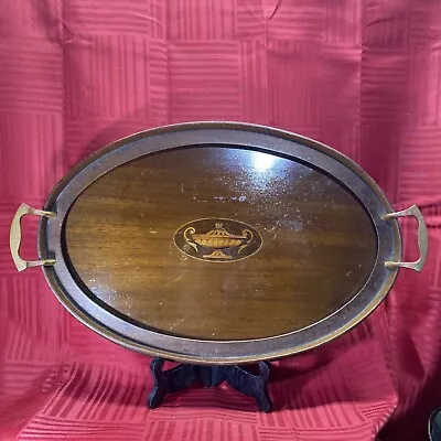 Antique Edwardian Oval Serving Tray Mahogany W/ Inlaid Maple Urn & Brass Handles • $65