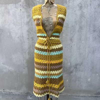 Vintage 1950s Crochet Knit Dress Set Yellow Orange Blue Striped Hourglass 1960s • $225