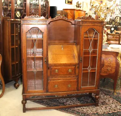 English Antique Oak Jacobean Leaded Glass Side By Side Drop Front Desk /Bookcase • $2400