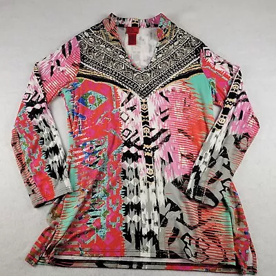 V Cristina Tunic Top Womens XL Multicolor Rayon Studded Split V Neck Long Sleeve • $19