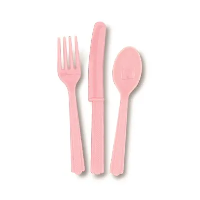 Baby Pink Reusable Plastic Party Cutlery - Fork Spoon Knife For 6 Guests • £3.05