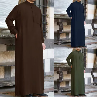 INCERUN Men's Long Sleeve Saudi Kaftan Abaya Thobe Casual Long Shirt Dress Robe • $21.84
