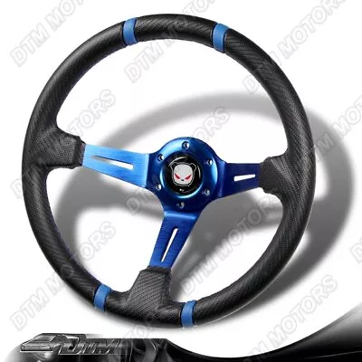 350MM Deep Dish Drift Style Blue Stitch Carbon PVC Leather 6 Hole Steering Wheel • $41.99