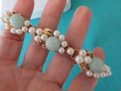 Vintage Ming's 14k Gold 11 Mm Jade & 5-6 Mm Pearls 17 Mm Wide Bracelet 7 1/4  • $2995.95