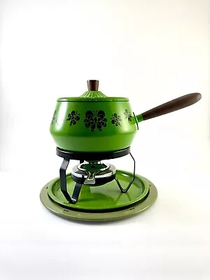 VTG 70's Green Fondue Pot W/ Butterfly Graphics Wood Detail /OG Recipe Book • $28