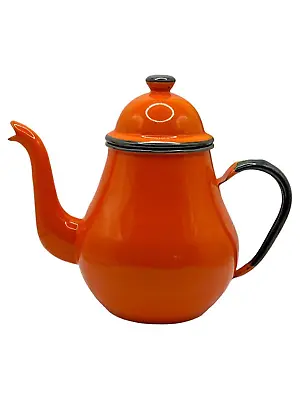 Teapot Orange Vintage Enamelware Made In Japan Black Trim Domed Lid 6 Cup 7.5 H • $20