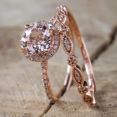 14k Rose Gold Morganite Ring For Women Wedding Crystal Gems Jewelry Size 6-10 • $2.32