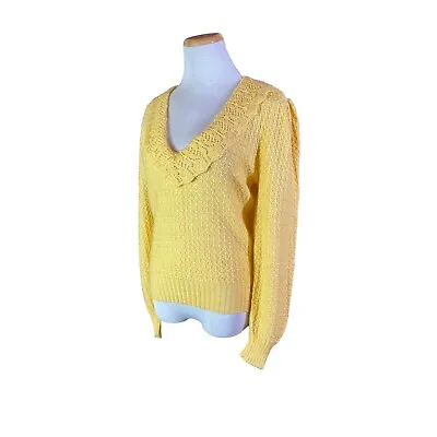Vintage 1970s Keren Yellow Crochet Knit Sweater Acrylic Collared V-Neck • $22.49