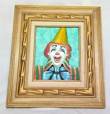 Vintage Original Framed Oil Canvas Clown Painting Signed L. Gilt - Happy Face • $32