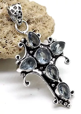 925 Sterling Silver White Topaz Gemstone Handmade Jewelry Cross Pendant Size-2 • $14.53