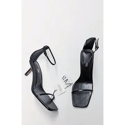 ZARA Minimalist Heeled Black Leather Sandals Size 6.5  • $89.99