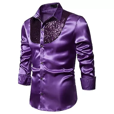 Mens Sequin Dress Shirt Button Down 70s Disco Party Sparkly Metallic Shirt • $17.47
