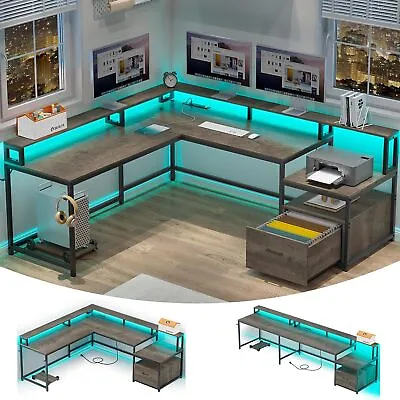 L Shaped 66  Home Office Furniture Desk With Drawers Gaming Desk With LED Lights • $158.99