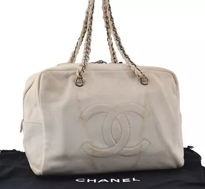 Authentic CHANEL Lamb Skin Vintage Chain Shoulder Tote Bag White CC 4900I • $61