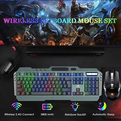 $44.42 • Buy 2.4G Rechargeable Wireless Gaming Keyboard And Mouse Set 3800mAh LED Backlit PC
