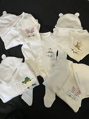 Personalised Babygrow Sleep Suit And Hat Set Newborn  White 4 Animal Designs • £14