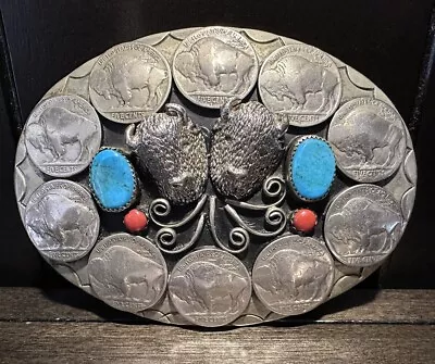 Vintage Turquoise & Coral Native American Buffalo Nickel Bison Belt Buckle • $58.05