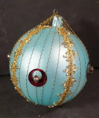 VTG Wire Wrapped Gold Brocade Italy 70 Christmas Ornament Ball Pale Blue Glass • $7.19