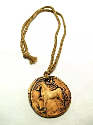 $19.95 • Buy Necklace Pendant Round Brown Stone Carved Pegasus Famous Winged Horse Cord Rope